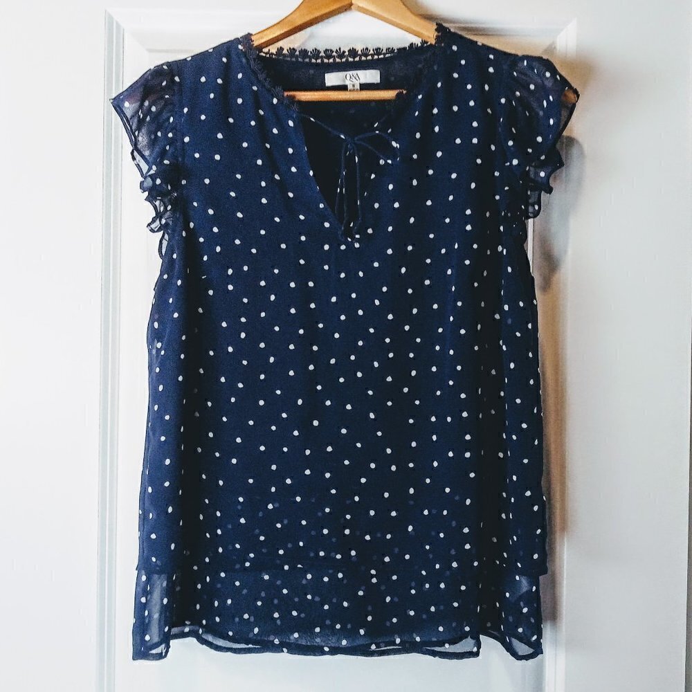 Q&A Navy Blue Polka Dot Flutter Sleeve Blouse
